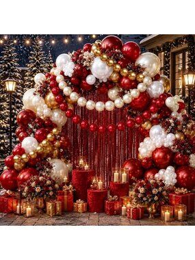 New Red White Gold Balloon Arch Kit Double Stuffed Burgundy Ruby Red